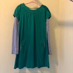 Mini Boden Girls Green Dress with Blue & White Stripe Long Sleeves, Sz 7-8